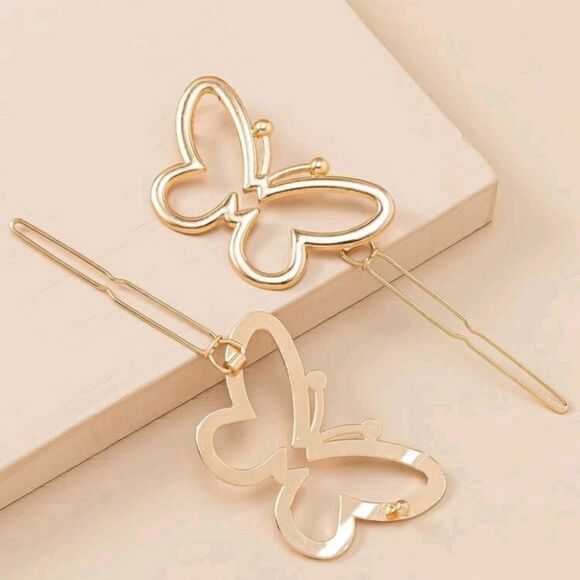 Gold Butterfly Hair Clips 2pc - Picture 2 of 4